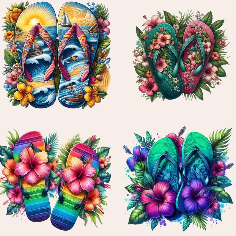 May include: Four pairs of colorful flip-flops with floral designs. Each pair is surrounded by tropical flowers and leaves.