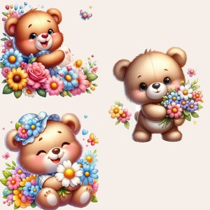 Teddy Bear Clipart Bundle, Teddy Bear with Flowers PNG, Floral Teddy Bear Clipart, Teddy Bear Baby Shower Clipart