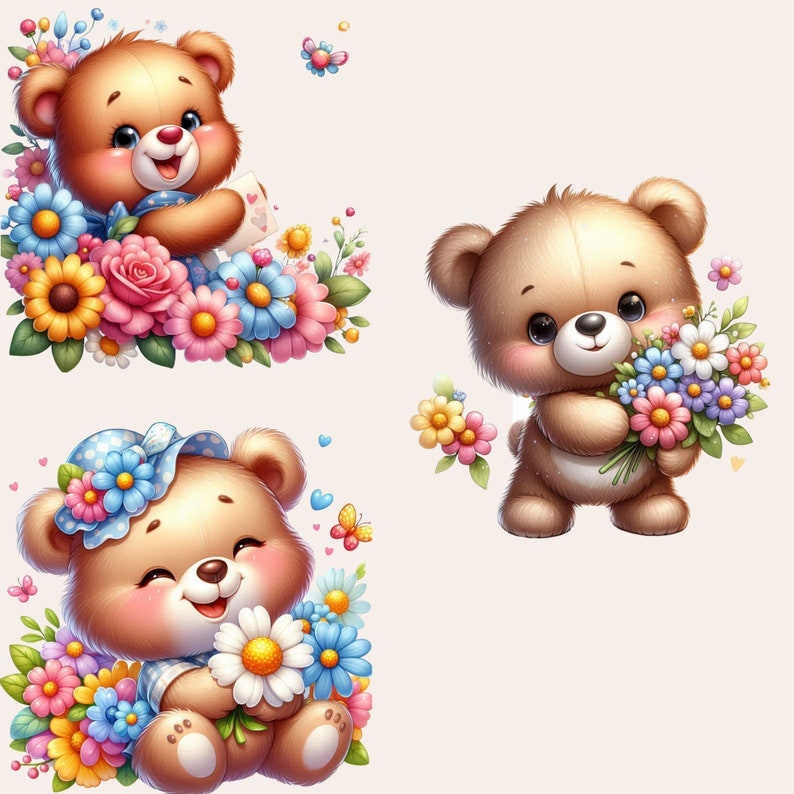 Teddy Bear Clipart Bundle, Teddy Bear with Flowers PNG, Floral Teddy Bear Clipart, Teddy Bear Baby Shower Clipart
