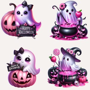 25 Pink Halloween Ghost Clipart, Spooky Kawaii Ghost Clipart, Pink Halloween Clipart Bundle, Spooky Halloween Clipart