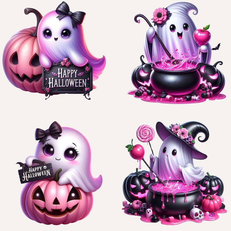25 Pink Halloween Ghost Clipart, Spooky Kawaii Ghost Clipart, Pink Halloween Clipart Bundle, Spooky Halloween Clipart