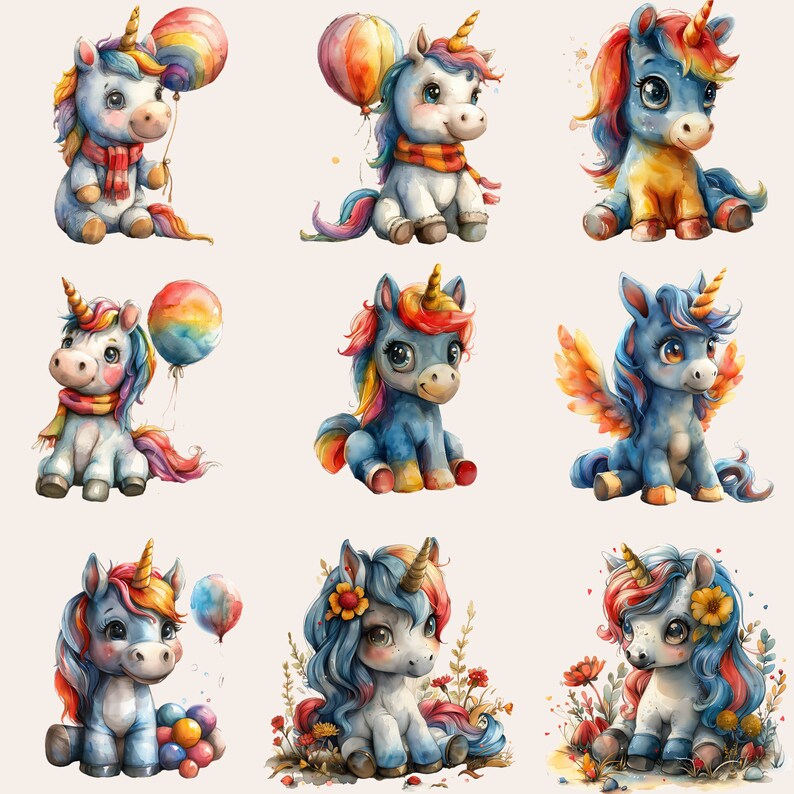 50 Cute Unicorn Clipart, Watercolor Unicorn PNG, Unicorn Clipart Bundle ...