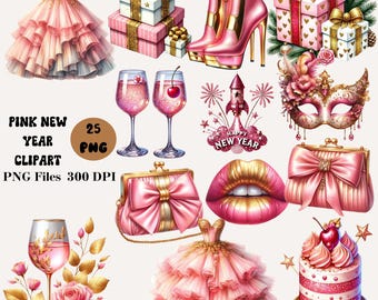 25 Pink New Year Clipart, New Years Eve Clipart, Pink and Gold New Year PNG, New Year Party Designs