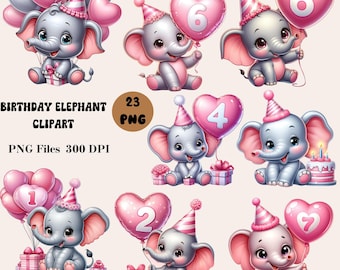 Clipart de elefante de cumpleaños número 23, clipart de elefante rosa, clipart de elefante lindo con globos, clipart de elefante bebé
