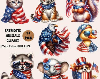 24 Vaterländische Tiere Clipart, 4. Juli Tiere Clipart, 4. Juli PNG Bündel, Unabhängigkeitstag Clipart
