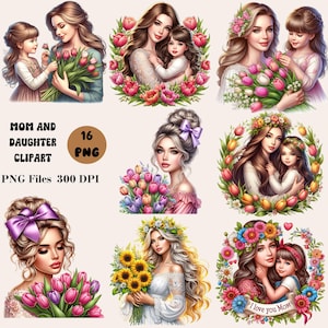16 Mom and Daughter Clipart, Mom and Baby Clipart, Mother&#39;s Day Clipart, Happy Mother&#39;s Day Clipart