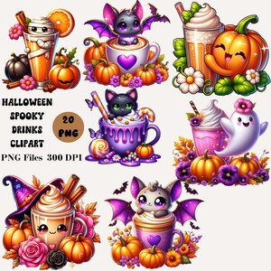 May include: A set of Halloween-themed clipart illustrations. The images showcase spooky drinks and adorable characters, including pumpkins, bats, ghosts, and cats. The text in the image says "Halloween Spooky Drinks Clipart PNG Files 300 DPI".