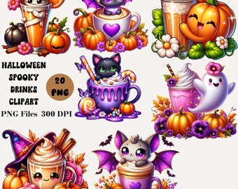 20 Halloween Spooky Drinks Clipart Bundle, Halloween Cocktails Clipart, Halloween Treats PNG, Kids Halloween Party Clipart