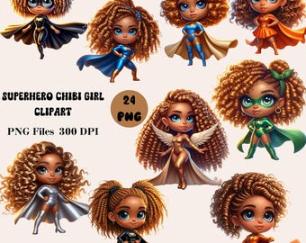 24 Superhero Chibi Girl Clipart, Black Chibi Girl Clipart, Chibi Girl PNG, Afro American Chibi Girl Clipart