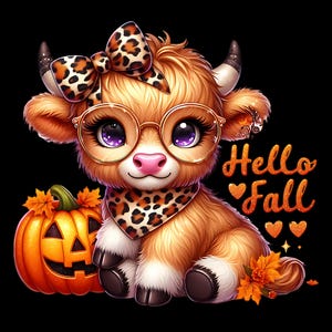 Puede incluir: Una adorable vaca de las tierras altas de dibujos animados con una diadema de estampado de leopardo y gafas, sosteniendo una calabaza tallada en forma de cara. El texto "Hello Fall" est&aacute; escrito en letras naranjas brillantes con corazones y estrellas.
