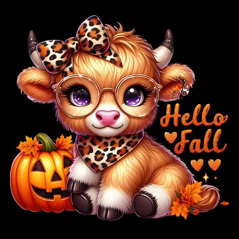 Puede incluir: Una adorable vaca de las tierras altas de dibujos animados con una diadema de estampado de leopardo y gafas, sosteniendo una calabaza tallada en forma de cara. El texto "Hello Fall" est&aacute; escrito en letras naranjas brillantes con corazones y estrellas.