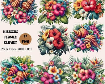 17 Hibiscus Flower Clipart, Tropical Flowers Clipart, Summer Flowers Clipart, Hibiscus Bouquet