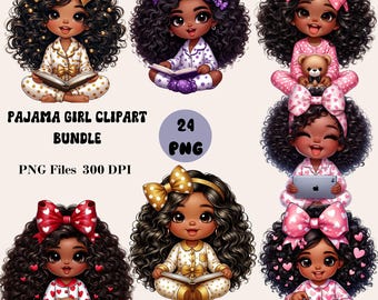 Paquete de 24 imágenes prediseñadas de chicas en pijama, lindas imágenes PNG de chicas en pijama, paquete de imágenes prediseñadas de chicas afro, lindas imágenes prediseñadas de chicas negras