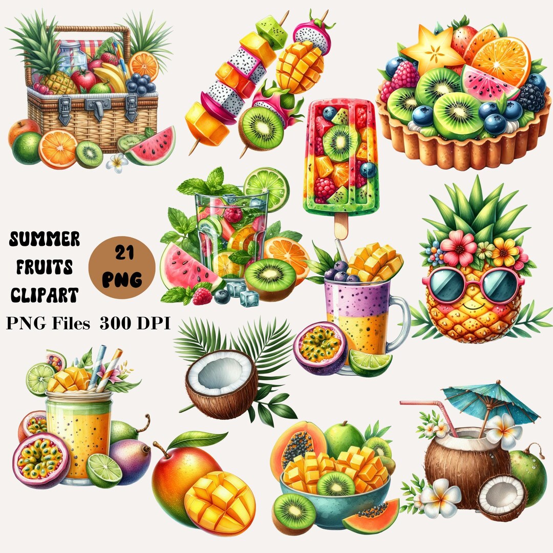 21 Summer Fruits Clipart, Funny Fruit Clipart Bundle, Cute Fruits ...