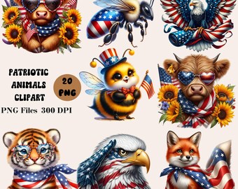 Imágenes prediseñadas de 20 animales patrióticos, imágenes prediseñadas de animales del 4 de julio, paquete PNG del 4 de julio, imágenes prediseñadas del Día de la Independencia