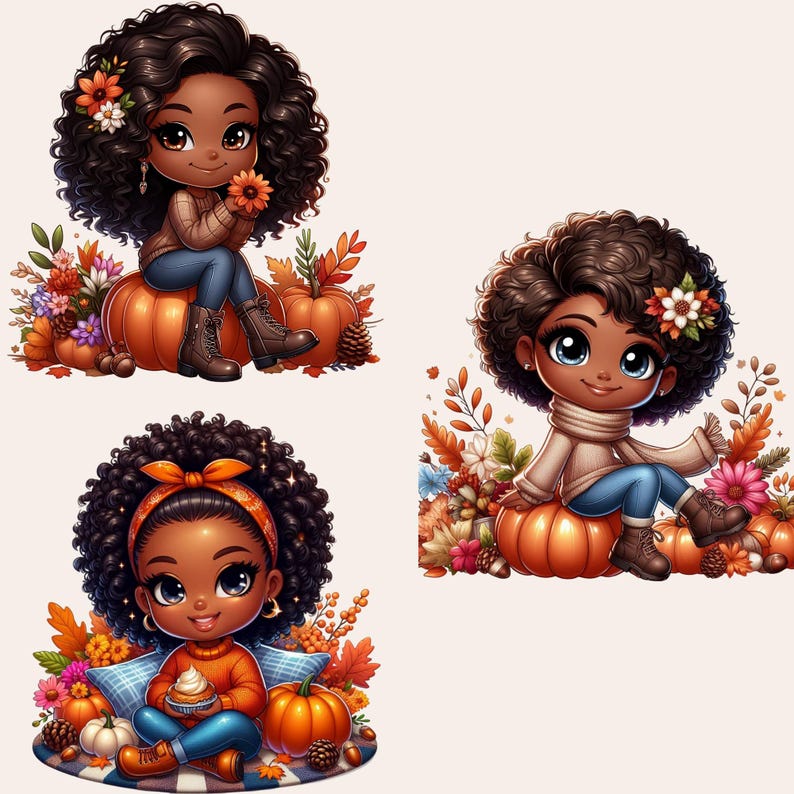 16 Autumn Chibi Girl Clipart, Chibi Black Girl Clipart, Afro American ...