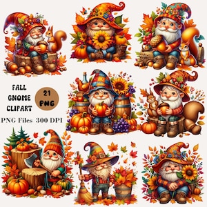 21 Fall Gnome Clipart, Autumn Gnome Clipart, Thanksgiving Gnome Clipart, Fall Clipart Bundle, Cute Pumpkin Gnome