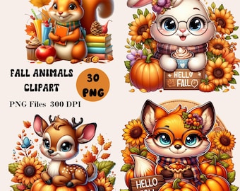 30 lindos animales de otoño clipart, animales bebés de otoño PNG, clipart de animales del bosque de otoño, clipart de animales bebés