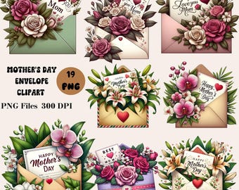 19 Mother's Day Envelope Clipart, Mother's Day PNG Bundle, Floral Mother's Day Clipart, Happy Mother's Day Clipart