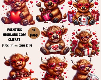 14 Valentine Highland Cow Clipart, Valentin's Day Clipart, Cute Valentines Highland Cow PNG, Highland Cow Clipart
