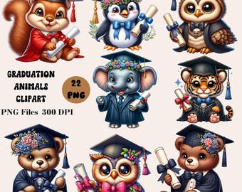 22 Graduation Animals Clipart, School Graduation Animals Clipart, Graduation Animals Bundle, Graduation Designs