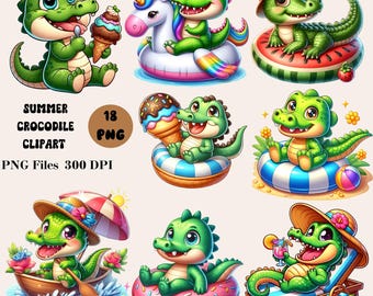 Pacote com 17 clipart de crocodilo, crocodilo de verão PNG, clipart de bebê crocodilo, clipart engraçado de crocodilo