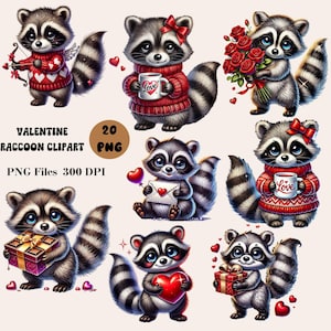 20 Valentine Raccoons Clipart, Love Raccoons Clipart, Raccoons Clipart Bundle, Valentine&#39;s Day Clipart, Cute Raccoon PNG