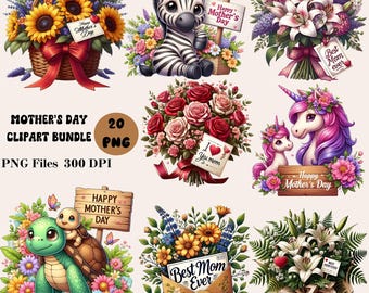 20 Mother's Day Clipart Bundle, Best Mom Ever Clipart, Mother's Day Flowers Clipart, Mother's Day Sublimation