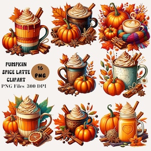 16 Pumpkin Spice Latte Clipart, Pumpkin Spice Season PNG, Fall Coffee Clipart, Cozy Latte Clipart, Cozy Fall Designs