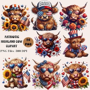 20 Patriotic Highland Cow Clipart, 4th Of July Clipart, American Cow PNG Bundle, Baby Highland Cow Clipart