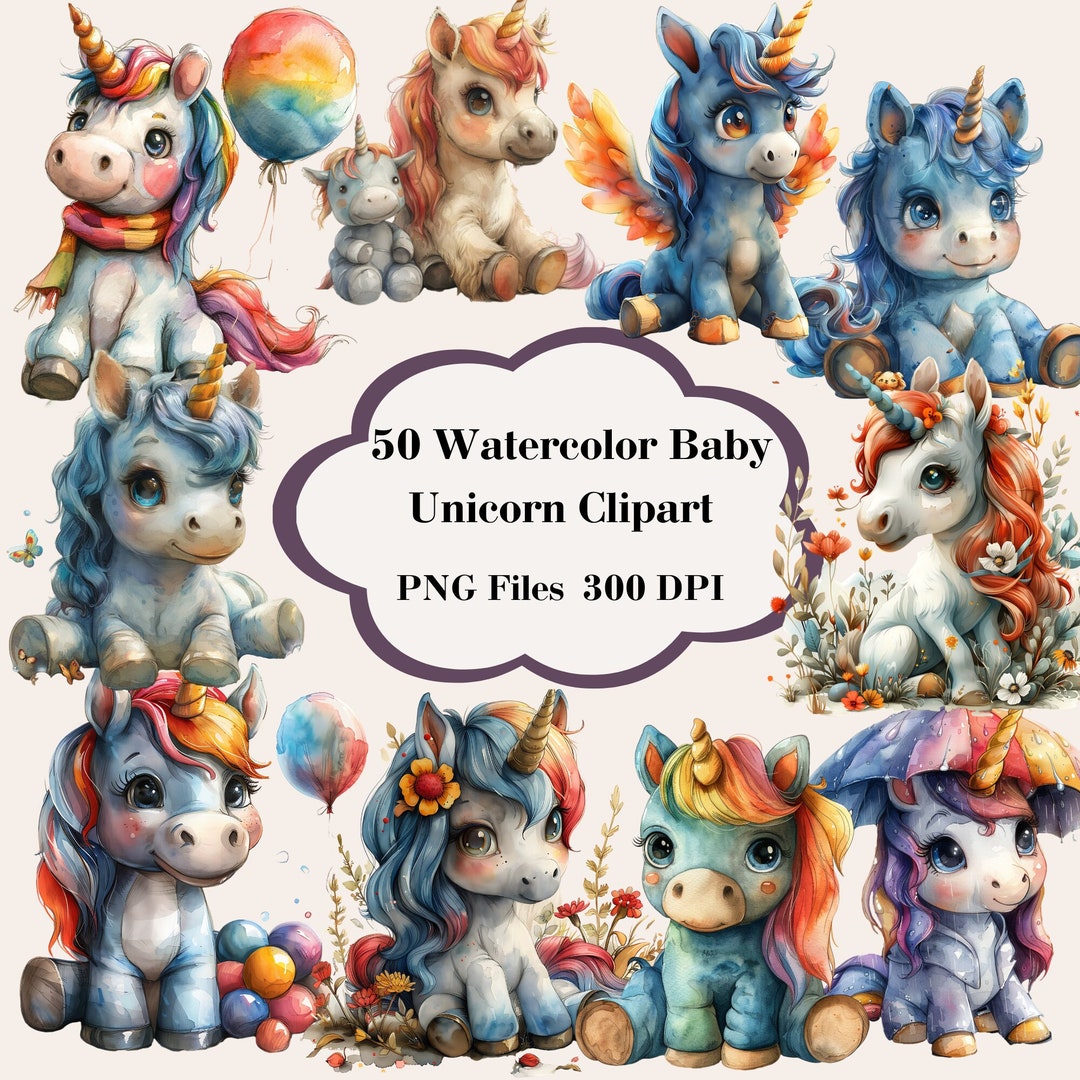 50 Cute Unicorn Clipart, Watercolor Unicorn PNG, Unicorn Clipart Bundle ...
