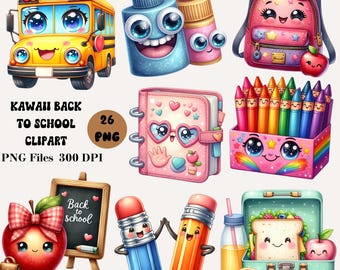 26 Kawaii Back to School Clipart, Kawaii School Clipart, Back to School Supplies Clipart, Classroom Decoration Clipart