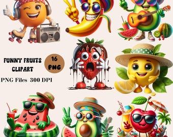 16 Funny Fruits Clipart, Summer Fruits Clipart, Summer Fruits Graphics, Summer Clipart Bundle, Summer Sublimation