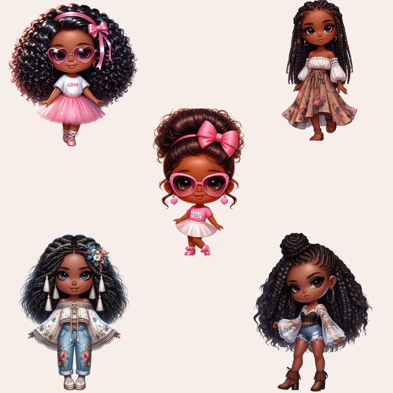 Chibi Girl Clipart Bundle, Afro Girl Clipart, Black Girl Clipart, Chibi Girl PNG, Chibi Doll PNG