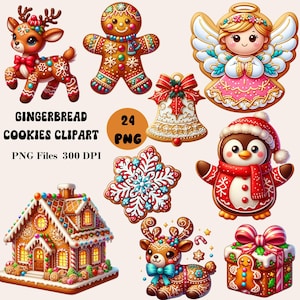 24 Gingerbread Christmas Cookies Clipart, Gingerbread Man Clipart, Christmas Cookies PNG, Gingerbread Clipart Bundle