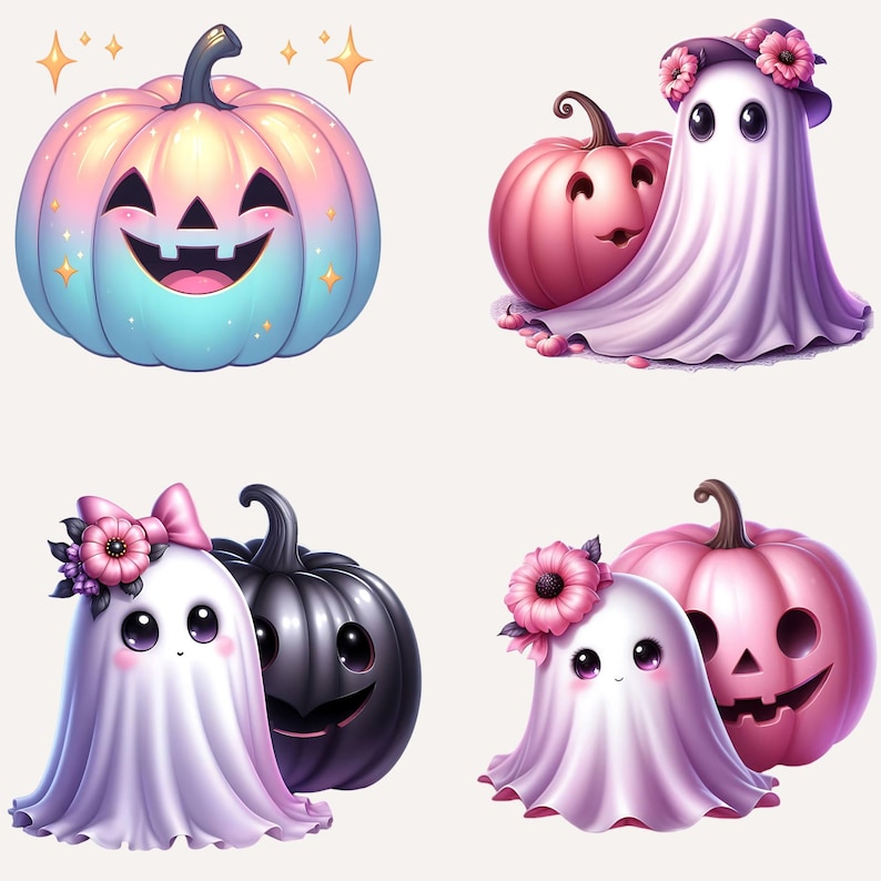 25 Pink Halloween Ghost Clipart, Spooky Kawaii Ghost Clipart, Pink Halloween Clipart Bundle, Spooky Halloween Clipart