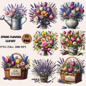23 Frühlings Blumen Clipart, Hallo Frühling Clipart, Tulpe Strauß Clipart, Blumenstrauß Clipart, Frühling Clipart Bundle