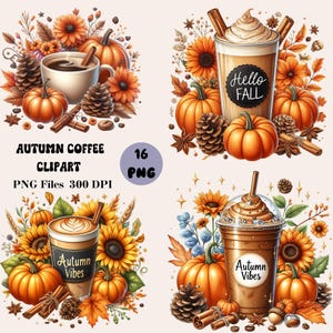 16 Autumn Coffee Clipart, Hello Fall Ice Coffee PNG, Fall Coffee PNG Bundle, Autumn Drinks Clipart