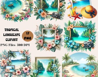 17 Tropical Landscape Clipart, Tropical Beach Clipart, Summer Beach Clipart, Tropical Scene Clipart, Summer Sublimation