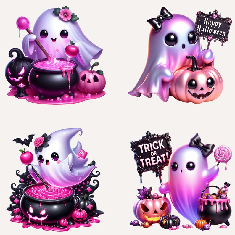 25 Pink Halloween Ghost Clipart, Spooky Kawaii Ghost Clipart, Pink Halloween Clipart Bundle, Spooky Halloween Clipart