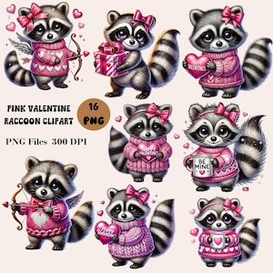 16 Valentines Pink Raccoon Clipart, Funny Raccoons Clipart, Valentines Raccoon PNG Bundle, Trendy Designs Clipart