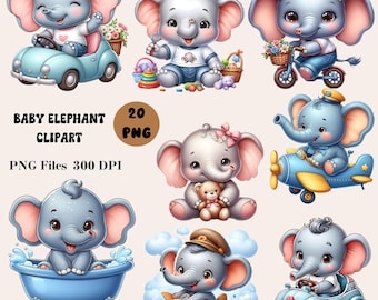 20 Cute Baby Elephant Clipart, Nursery Elephant Clipart, Baby Shower Clipart, Baby Elephant PNG