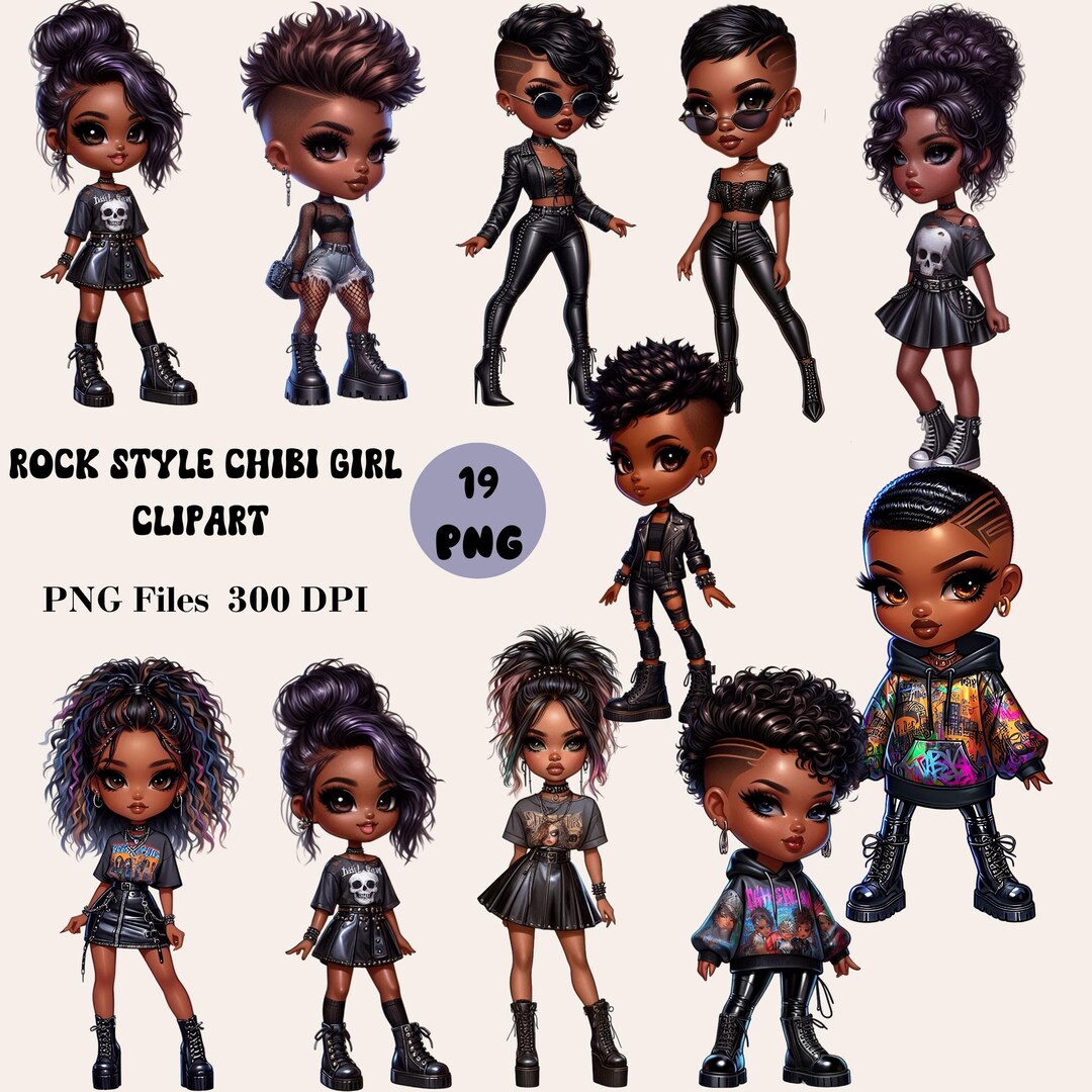 19 Rock Style Chibi Girl Clipart, Black Chibi Girl Clipart, Chibi Girl ...