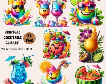 22 Tropical Cocktail Clipart Bundle, Summer Cocktail Clipart, Summer Drink Illustration, Cocktail PNG Graphics