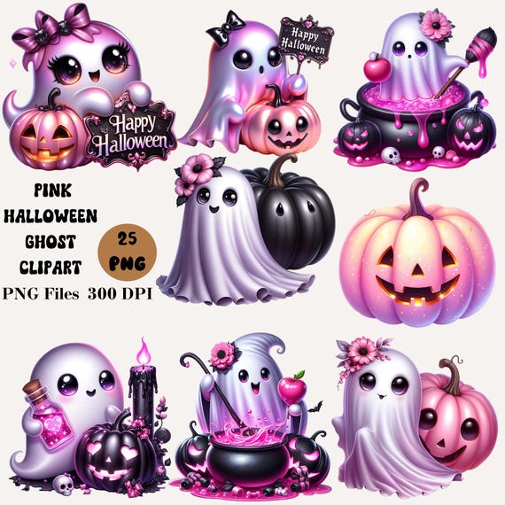 25 Pink Halloween Ghost Clipart, Spooky Kawaii Ghost Clipart, Pink Halloween Clipart Bundle, Spooky Halloween Clipart