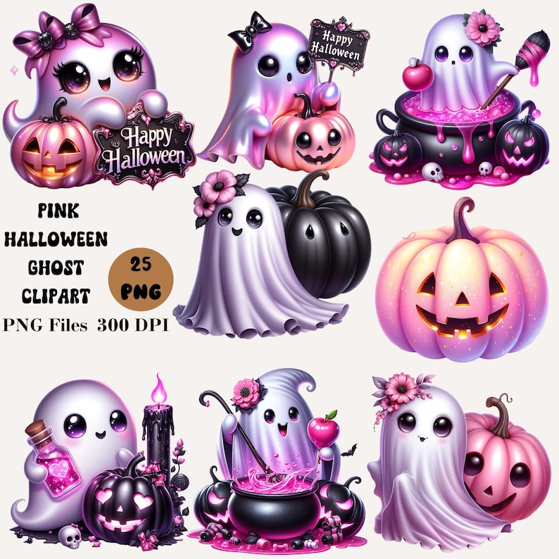 25 Pink Halloween Ghost Clipart, Spooky Kawaii Ghost Clipart, Pink Halloween Clipart Bundle, Spooky Halloween Clipart
