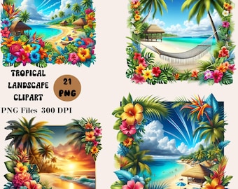 21 Tropical Landscape Clipart, Tropical Clipart Bundle, Summer Beach Scene PNG, Summer Clipart Bundle