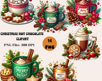 14 Christmas Hot Chocolate Clipart, Hot Chocolate PNG Bundle, Christmas Hot Cocoa PNG, Winter Clipart Bundle