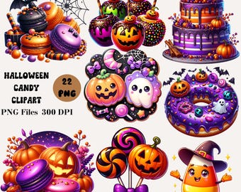 Paquete de 22 imágenes prediseñadas de dulces de Halloween, paquete de golosinas de Halloween PNG, imágenes prediseñadas de dulces de Halloween, paquete de imágenes prediseñadas de Halloween
