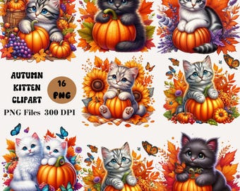 16 Autumn Kitten Clipart, Fall Kitten PNG Bundle, Cute Fall Cat Clipart, Pumpkin Clipart Bundle, Fall Clipart Bundle
